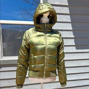 The North Face olive green shiny hooded down Puffer Jacket Coat XS